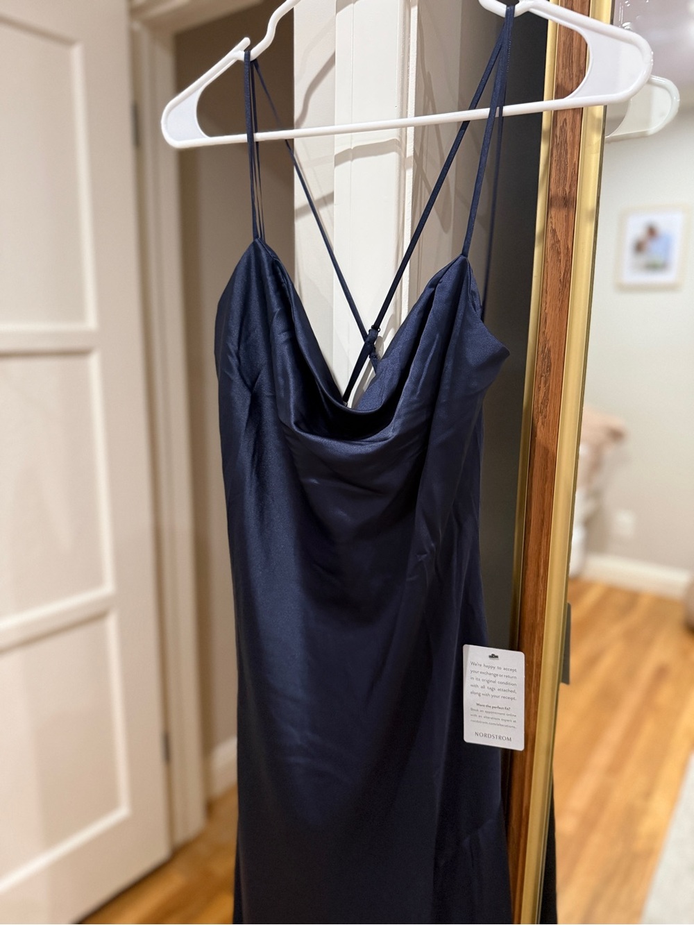 Astr Navy Satin Cowl Midi Dress with High Side Slit - Picture 4 of 7